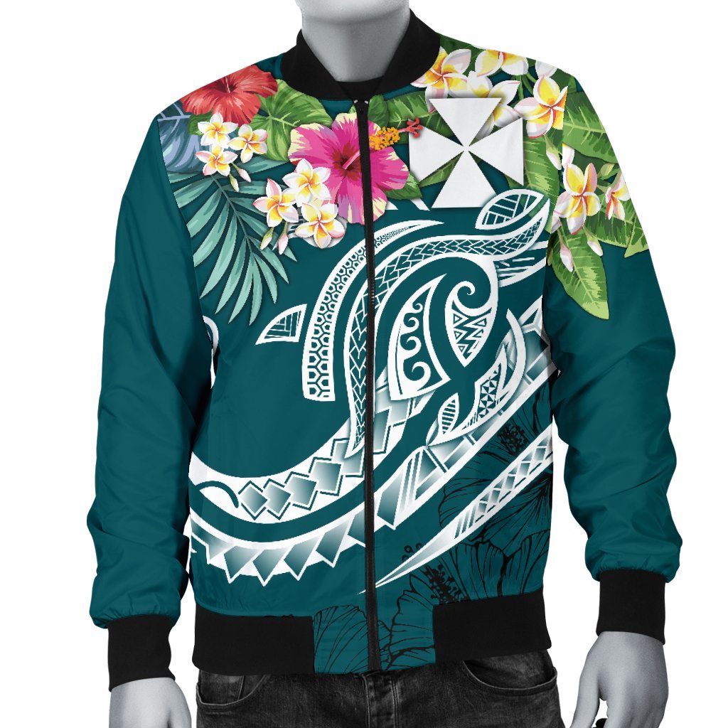Wallis and Futuna Polynesian Men's Bomber Jacket - Summer Plumeria (Turquoise) - Polynesian Pride