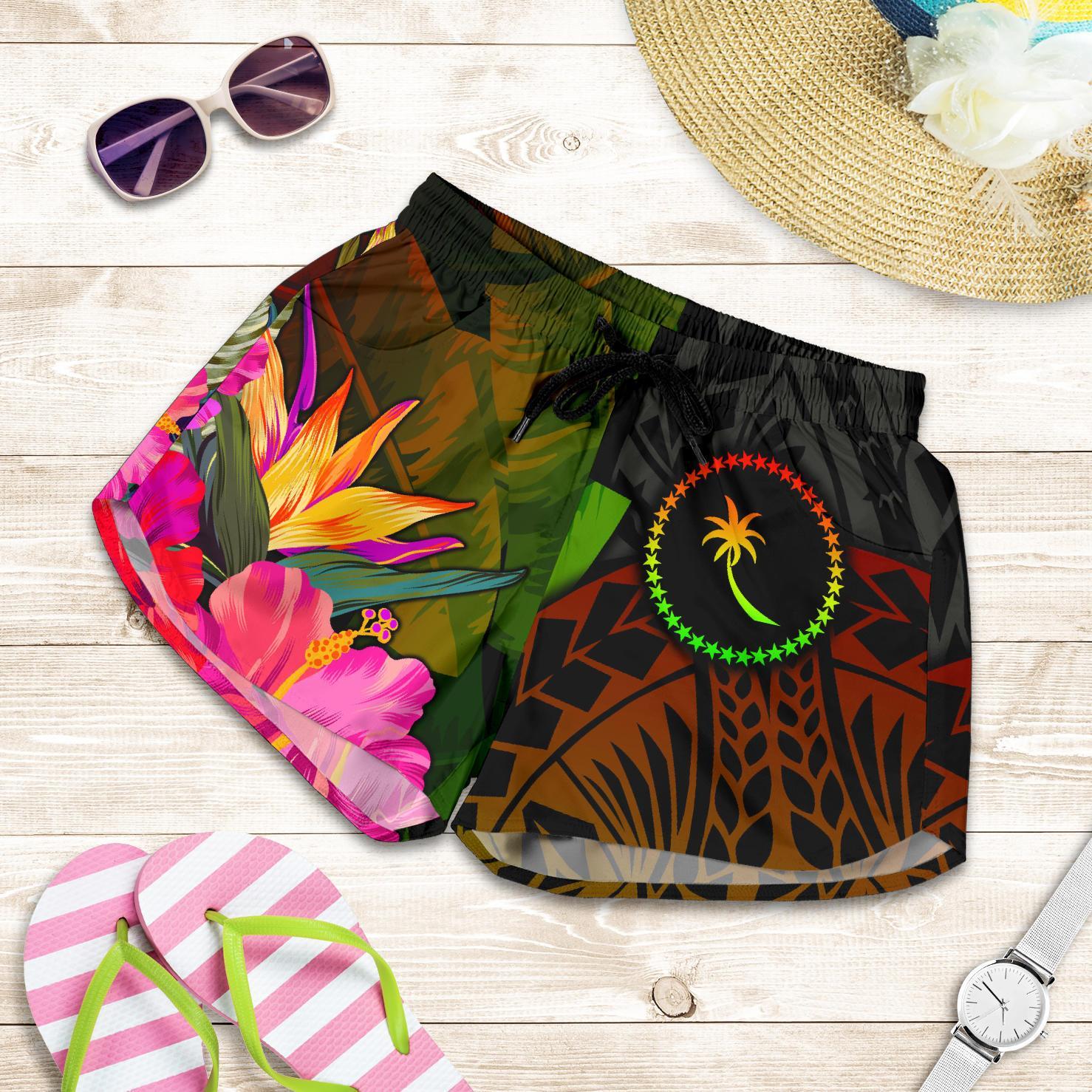 Chuuk Polynesian Women's Shorts - Hibiscus and Banana Leaves Women Reggae - Polynesian Pride