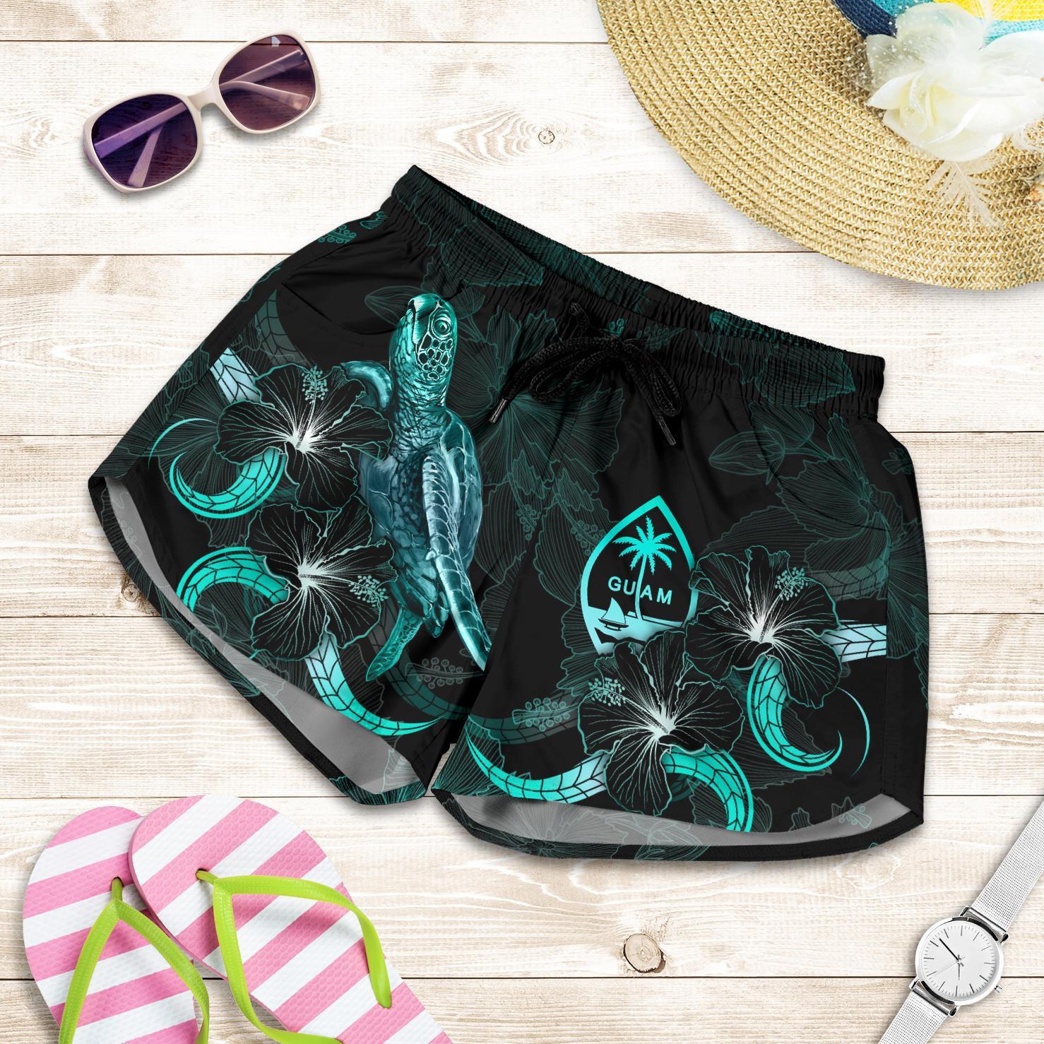 Guam Polynesian Women's Shorts - Turtle With Blooming Hibiscus Turquoise Women Turquoise - Polynesian Pride