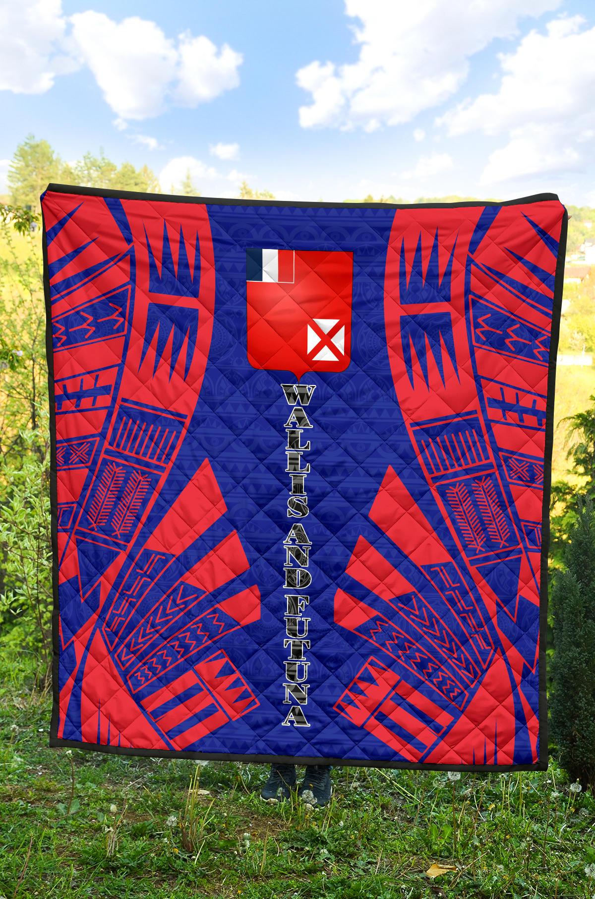 Wallis And Futuna Premium Quilt - Wallis And Futuna Coat Of Arms Polynesian Red Tattoo (Dark Blue) - Polynesian Pride