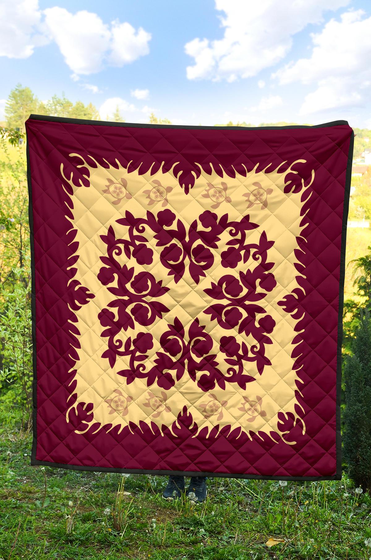 Hawaii Premium Quilt - Hawaiian Quilt Plumeria Medallion Burgundy - AH - Polynesian Pride