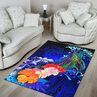 Custom Personalised Samoa Area Rug - Humpback Whale with Tropical Flowers (Blue) - Polynesian Pride