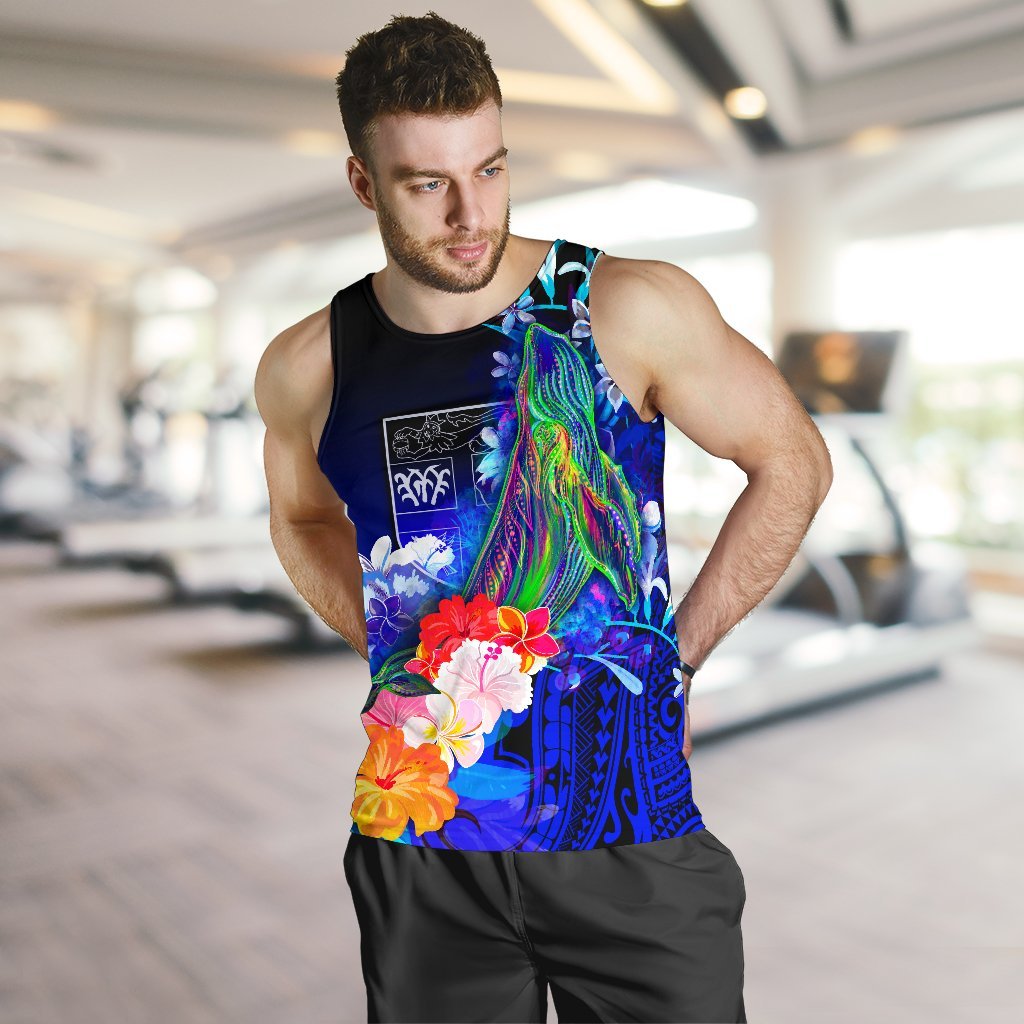 Fiji Men's Tank Top - Humpback Whale with Tropical Flowers (Blue) - Polynesian Pride