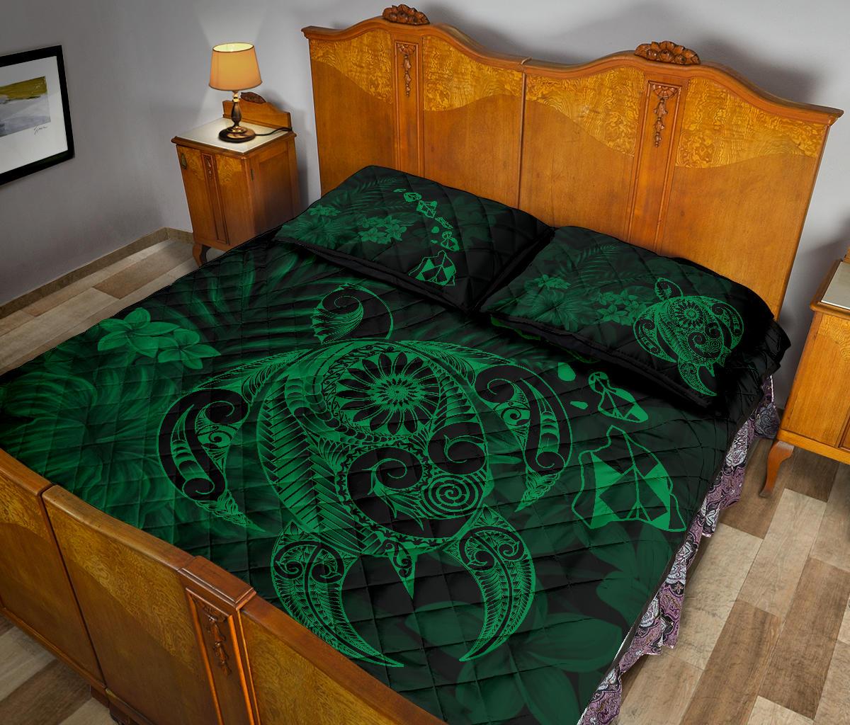 Hawaii Turtle Map Hibiscus Polynesian Green Quilt Bed Set - Polynesian Pride