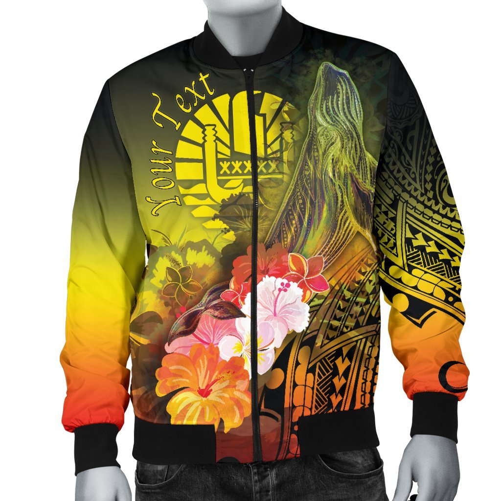 Tahiti Custom Personalised Men's Bomber Jacket - Humpback Whale with Tropical Flowers (Yellow) - Polynesian Pride