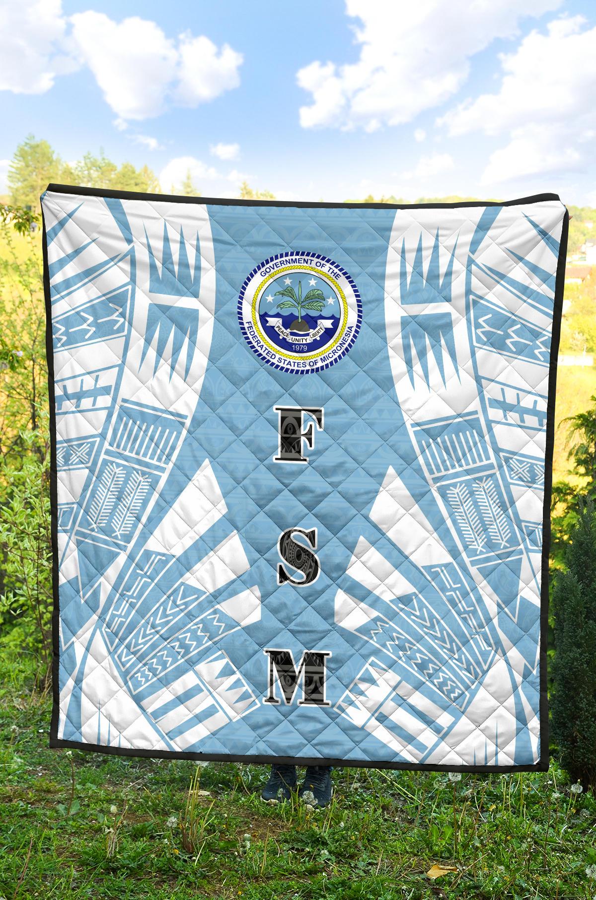Federated States Of Micronesia Premium Quilt - Federated States Of Micronesia Seal Polynesian White Tattoo (Blue) - Polynesian Pride