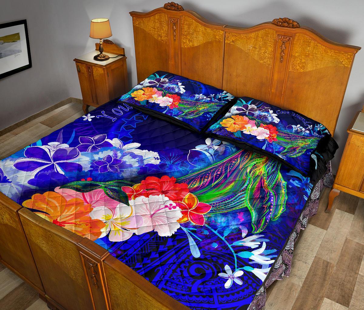 Cook Islands Custom Personalised Quilt Bed Set - Humpback Whale with Tropical Flowers (Blue) - Polynesian Pride