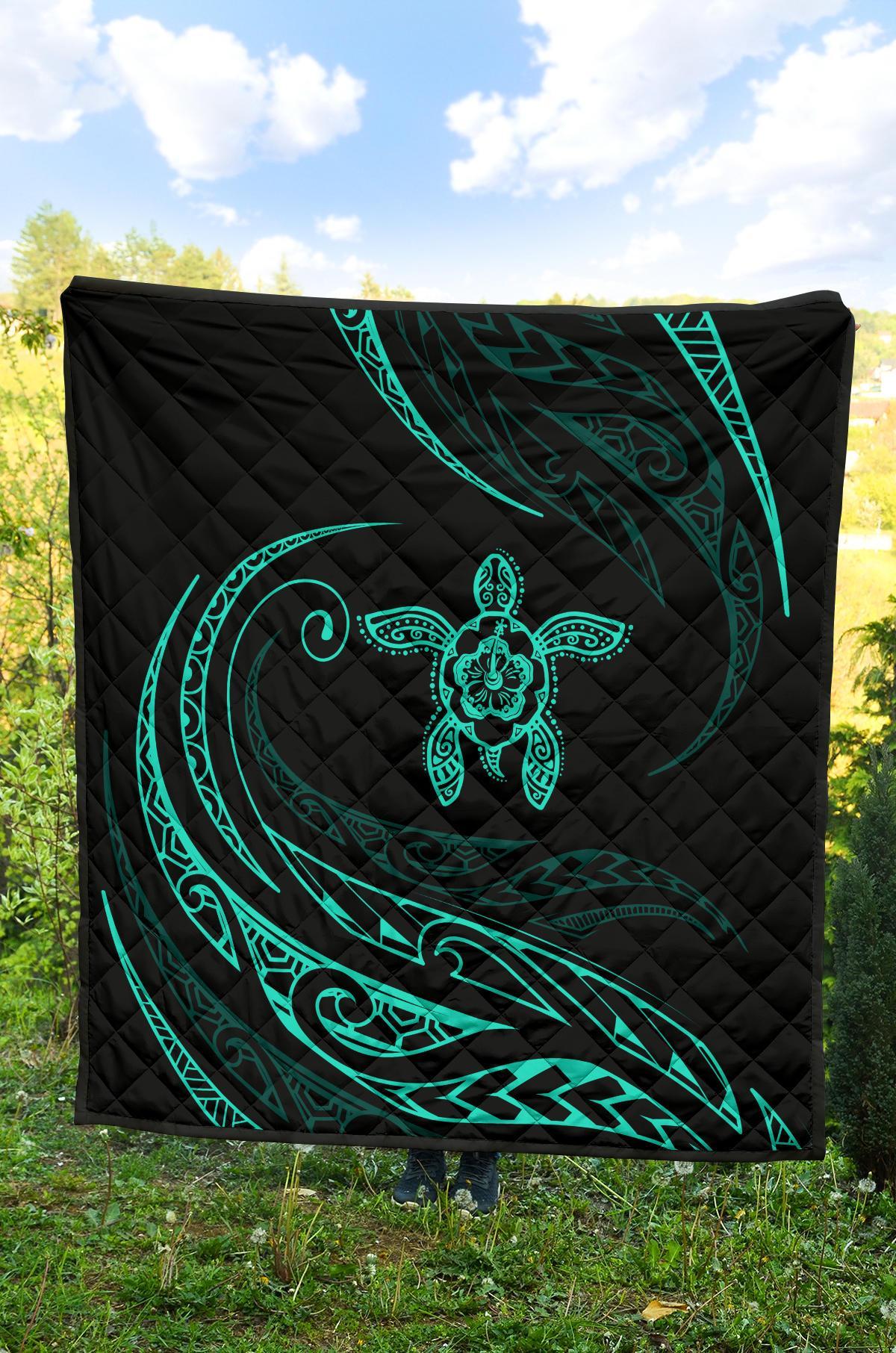Hawaii Turtle Hibicus Premium Quilt - Frida Style - Turquoise - Polynesian Pride