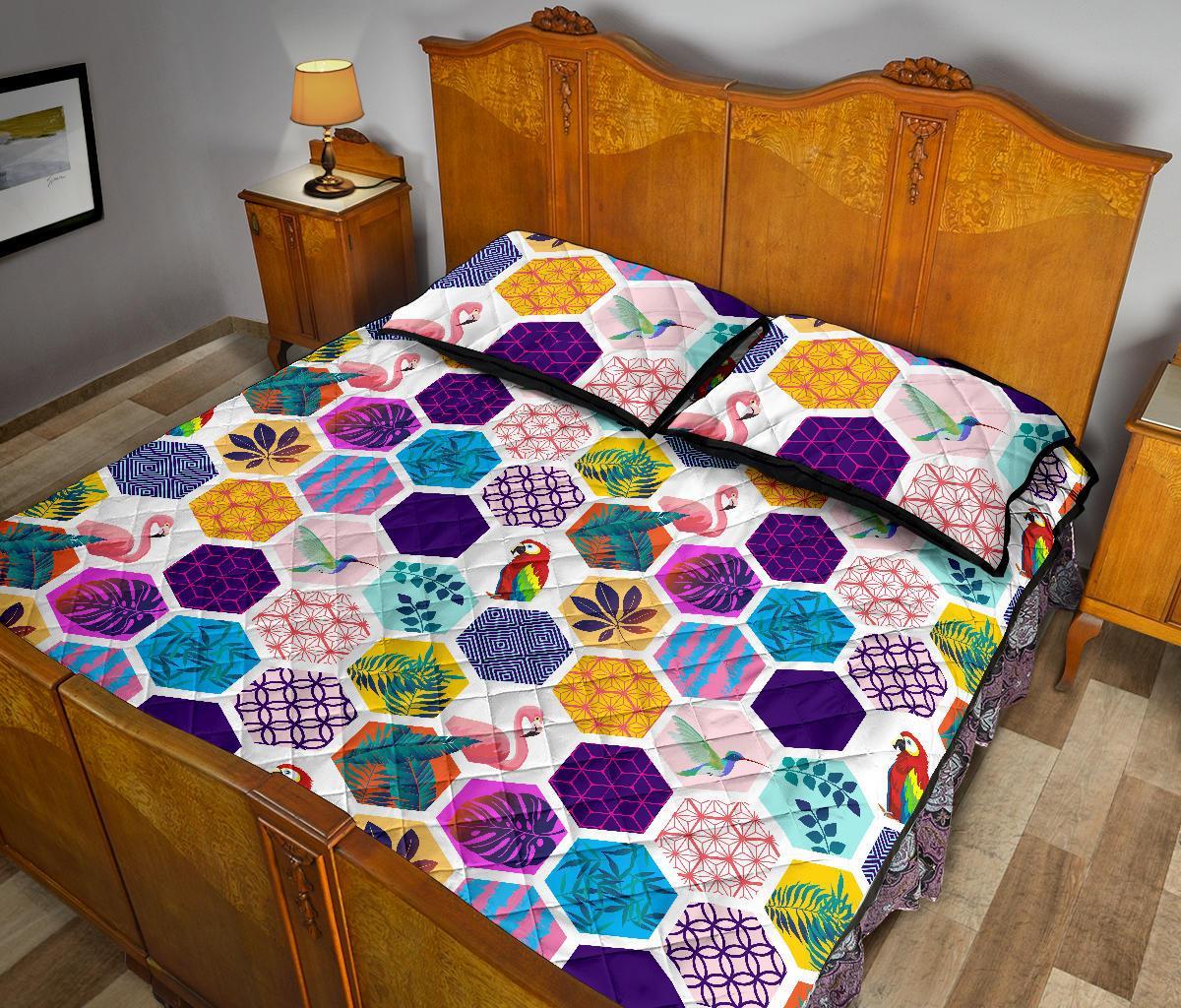 Hawaii Quilt Bed Set Parrot Toucans Hummingbird Flamingo tropical Leaves AH - Polynesian Pride