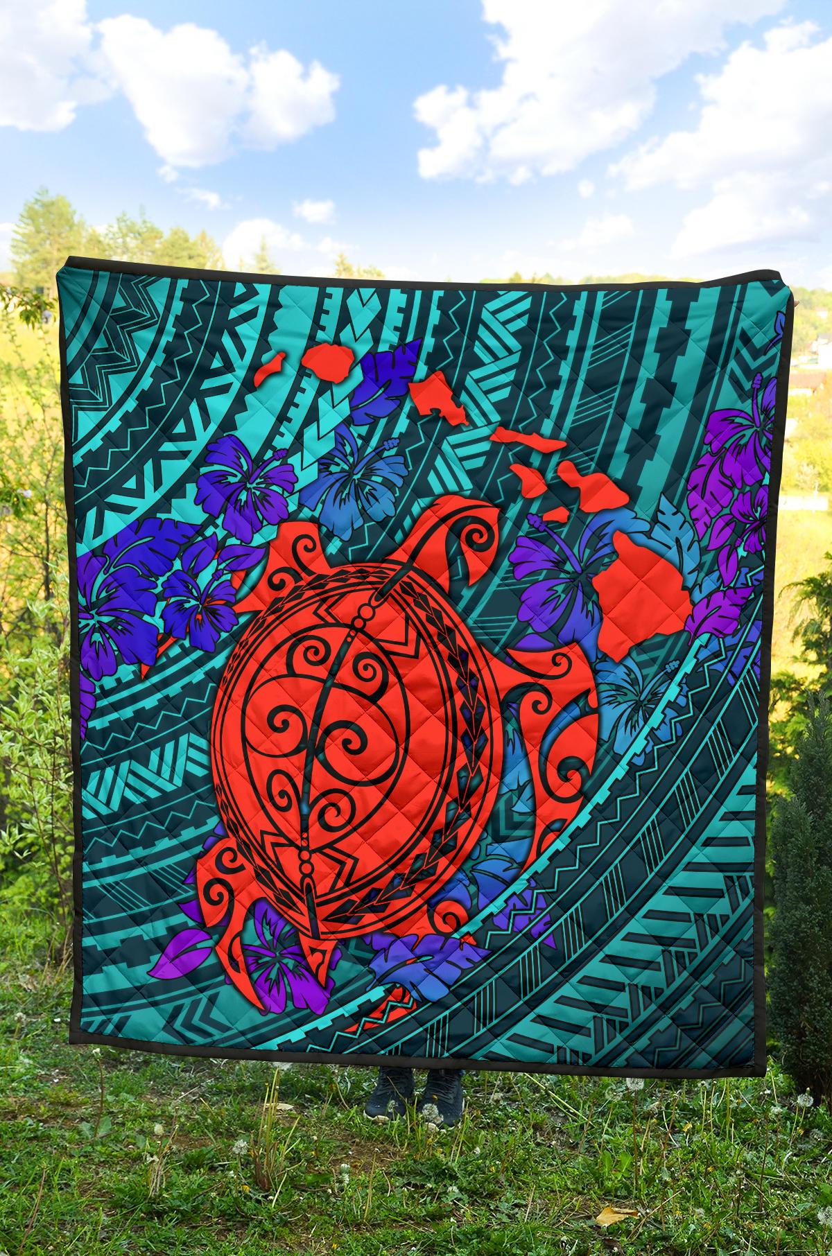 Hawaii Polynesian Premium Quilt - Hawaii Red Turtle Map & Purple Hibiscus - Polynesian Pride