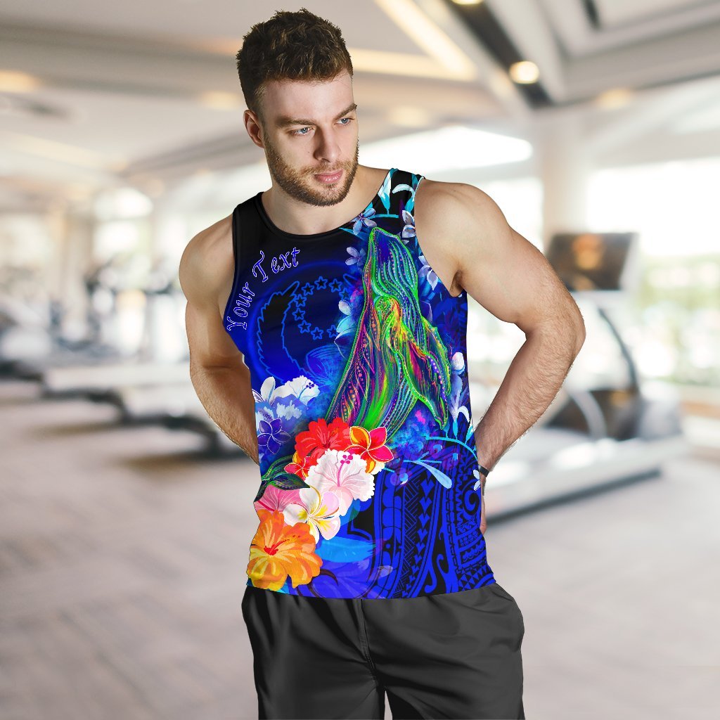 Pohnpei Custom Personalised Men's Tank Top - Humpback Whale with Tropical Flowers (Blue) - Polynesian Pride
