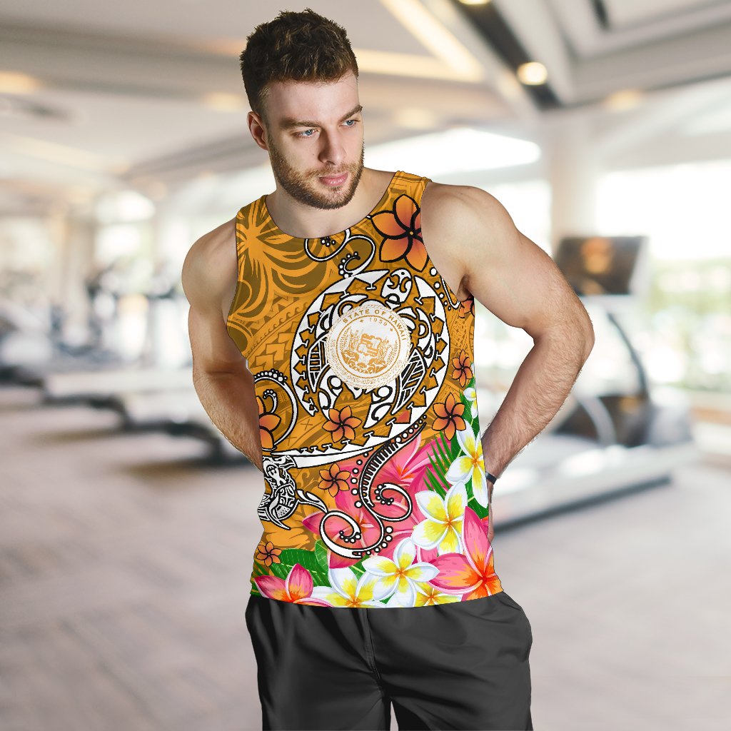Hawaii Polynesian Men's Tank Top - Hawaii Seal With Turtle Plumeria (Gold) - Polynesian Pride