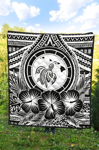 Hawaii Premium Quilt - Hawaii Map Honu Hibiscus White Polynesian Premium Quilt - Polynesian Pride