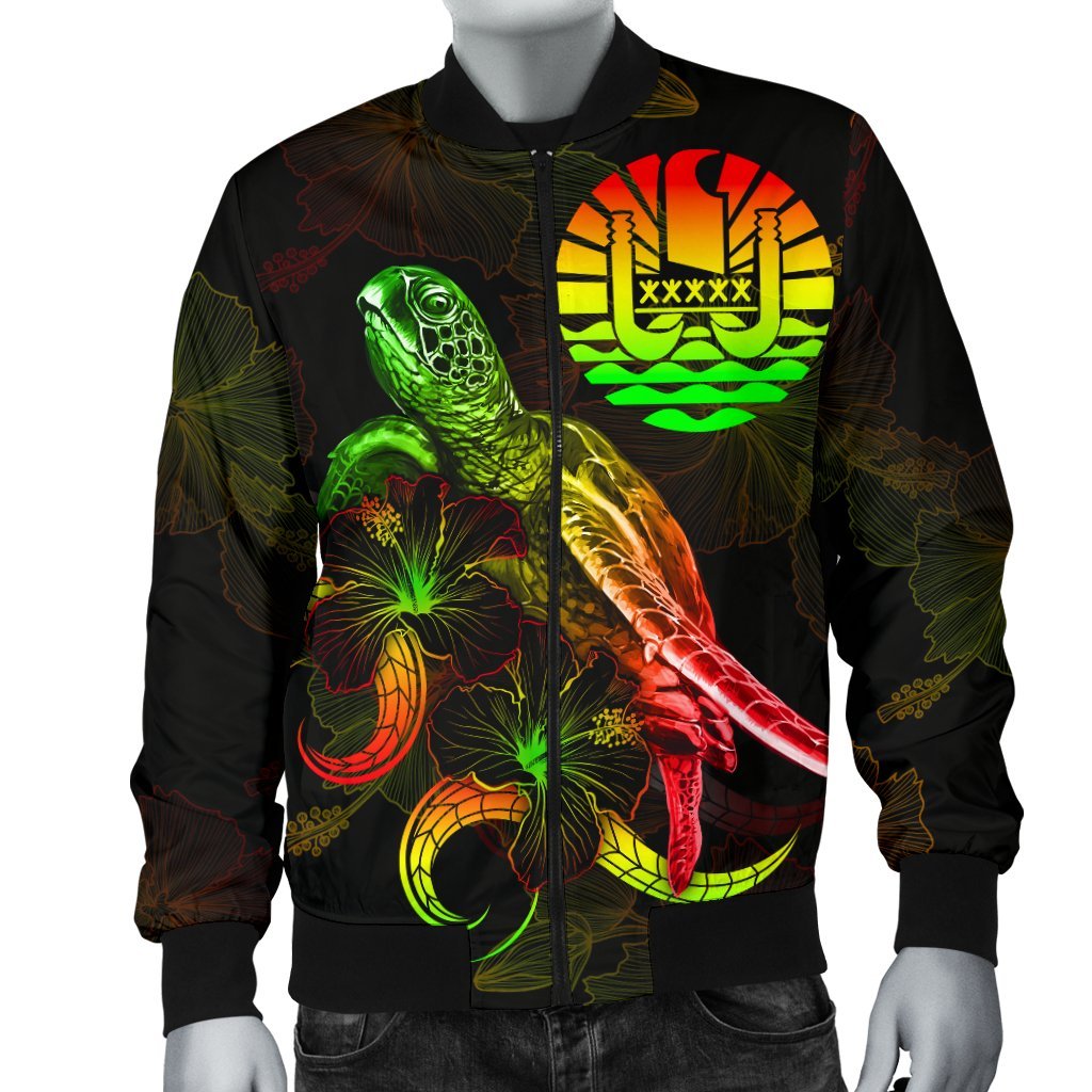 Tahiti Polynesian Men's Bomber Jacket - Turtle With Blooming Hibiscus Reggae - Polynesian Pride