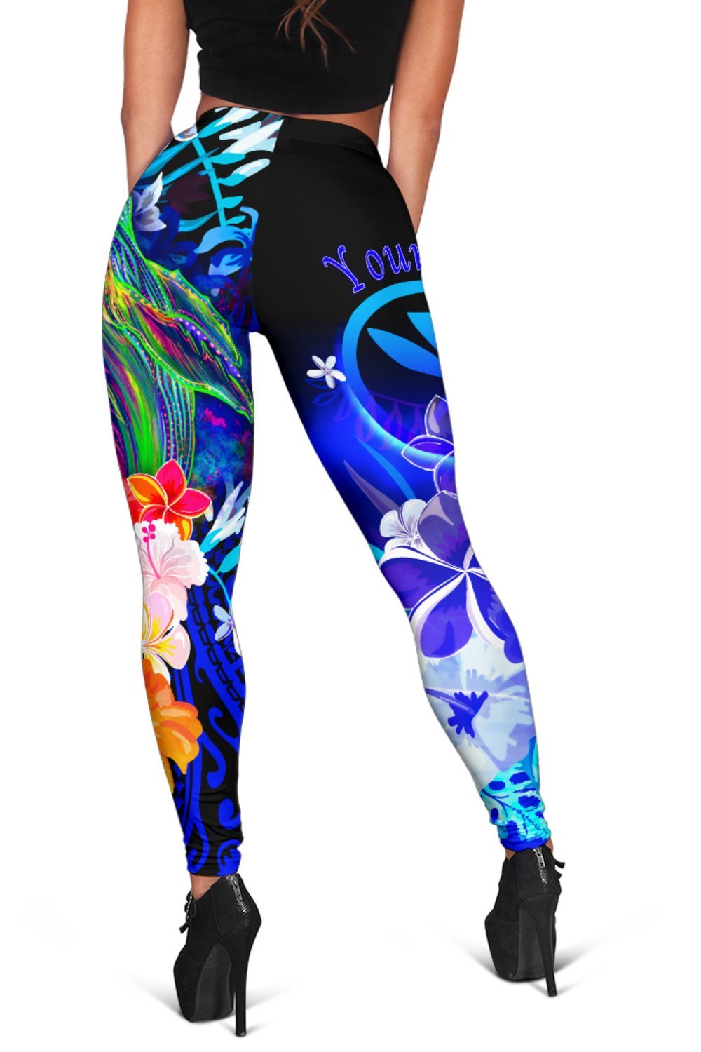 Polynesian Hawaii Custom Personalised Women's Leggings - Kanaka Maoli Humpback Whale with Tropical Flowers (Blue) - Polynesian Pride