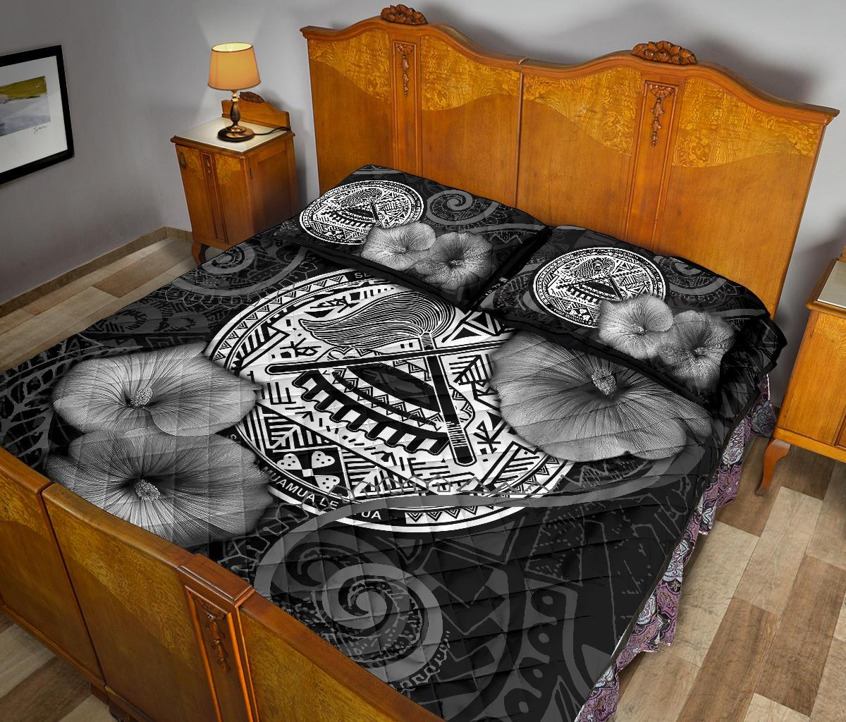 American Samoa Polynesian Quilt Bed Set - American Samoa Seal & Black Hibiscus - Polynesian Pride