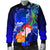 American Samoa Polynesian Men's Bomber Jacket - Humpback Whale with Tropical Flowers (Blue) - Polynesian Pride