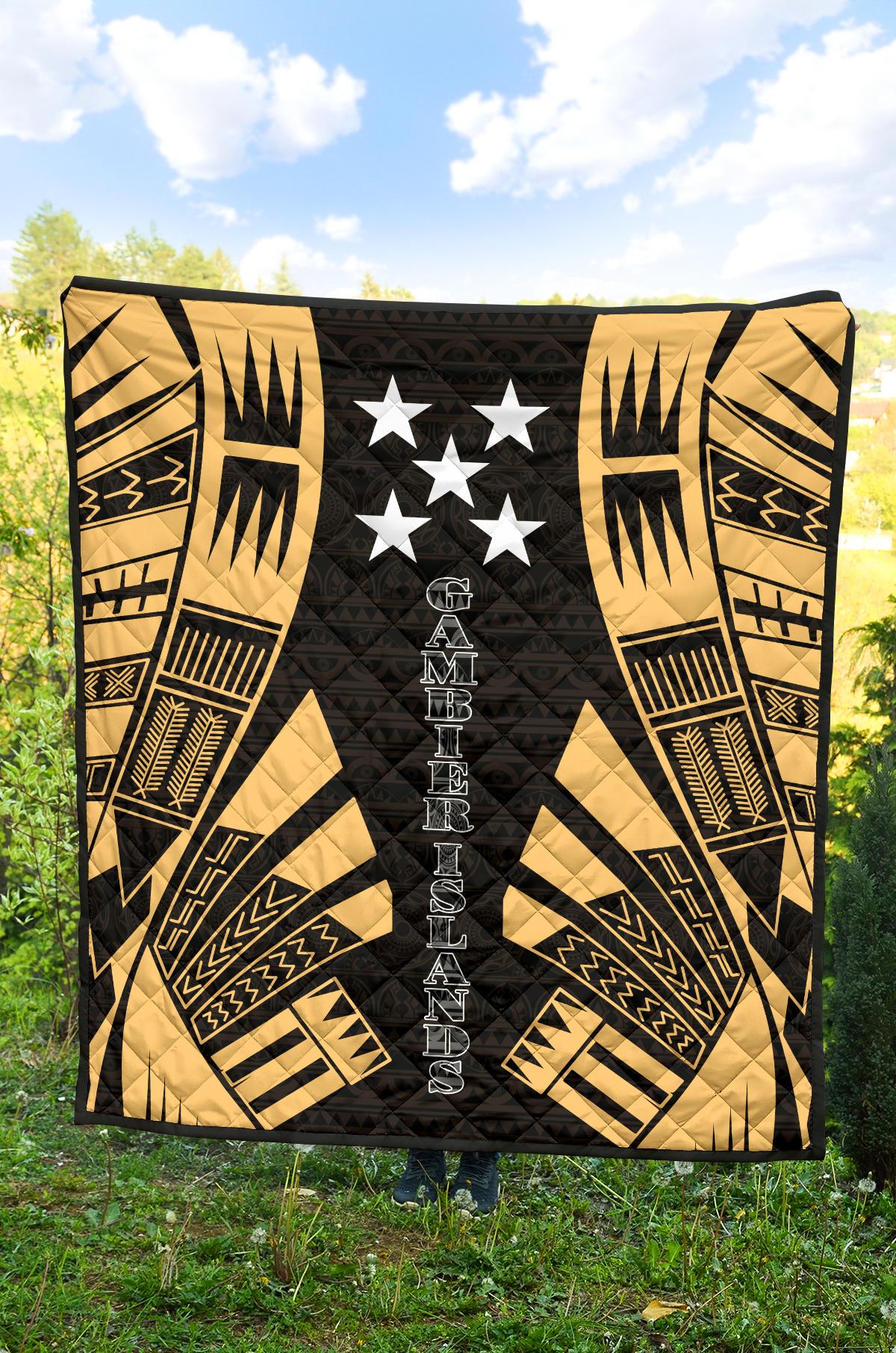 Gambier Islands Premium Quilt - Gambier Islands Flag Polynesian Gold Tattoo - Polynesian Pride