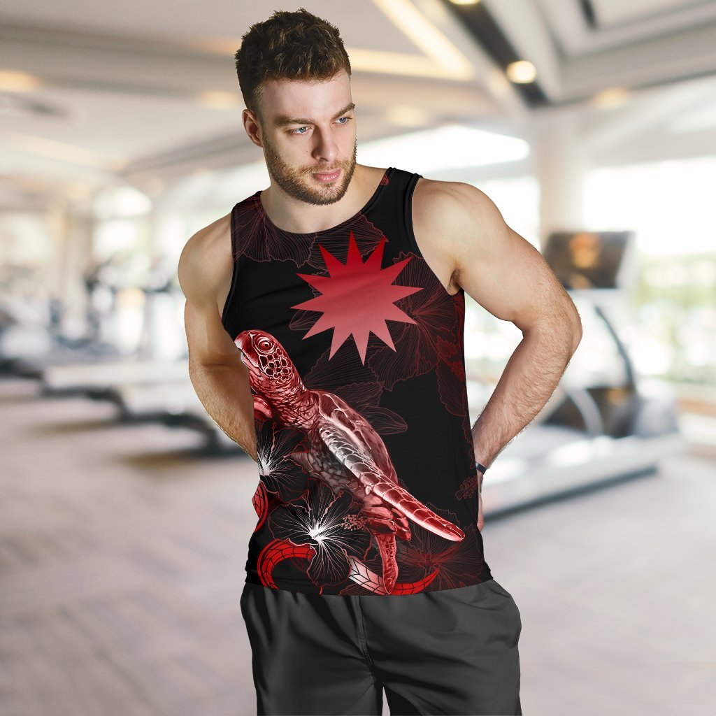 Nauru Men Tank Top - Turtle With Blooming Hibiscus Red - Polynesian Pride