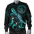 Palau Polynesian Men's Bomber Jacket - Turtle With Blooming Hibiscus Turquoise - Polynesian Pride