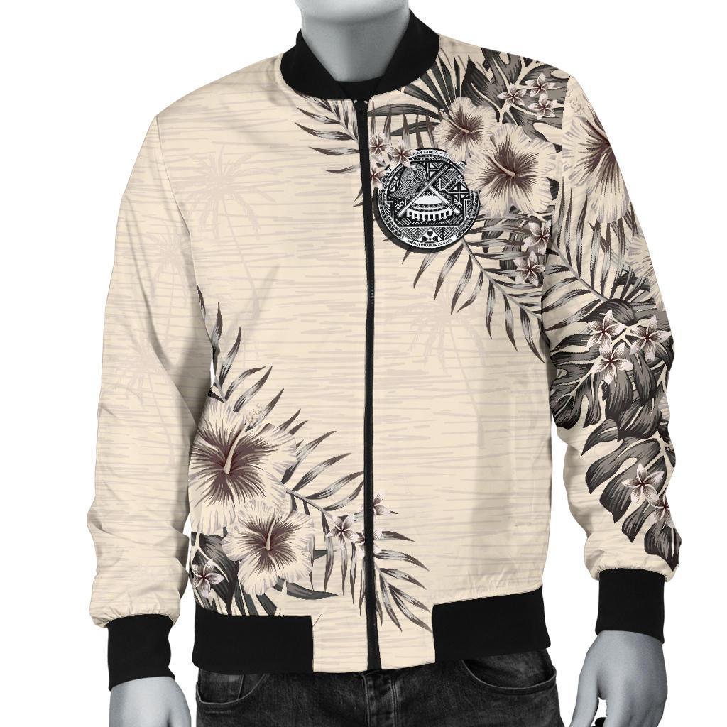 American Samoa Men's Bomber Jacket - The Beige Hibiscus Beige - Polynesian Pride