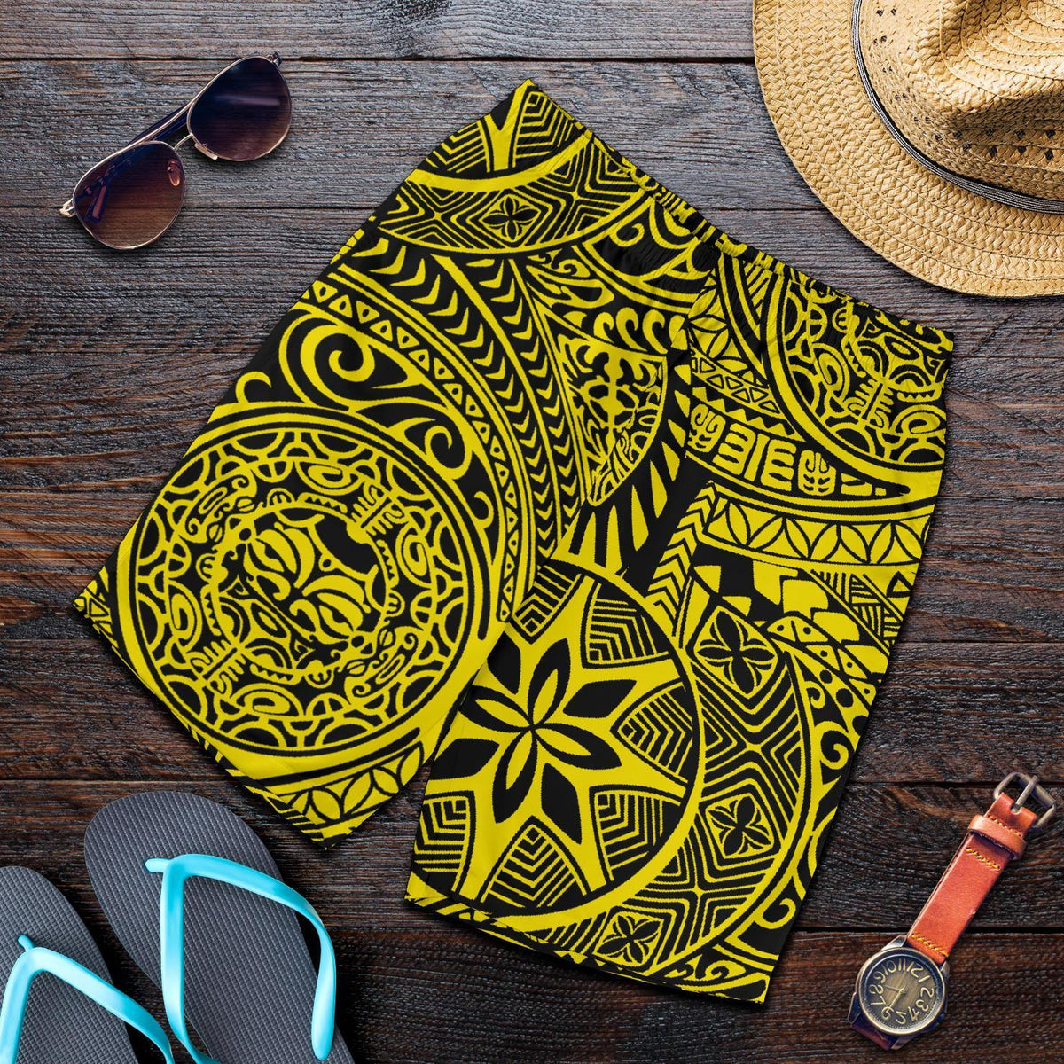 Polynesian Hawaiian Style Tribal Tattoo Yellow Men's Short - Polynesian Pride