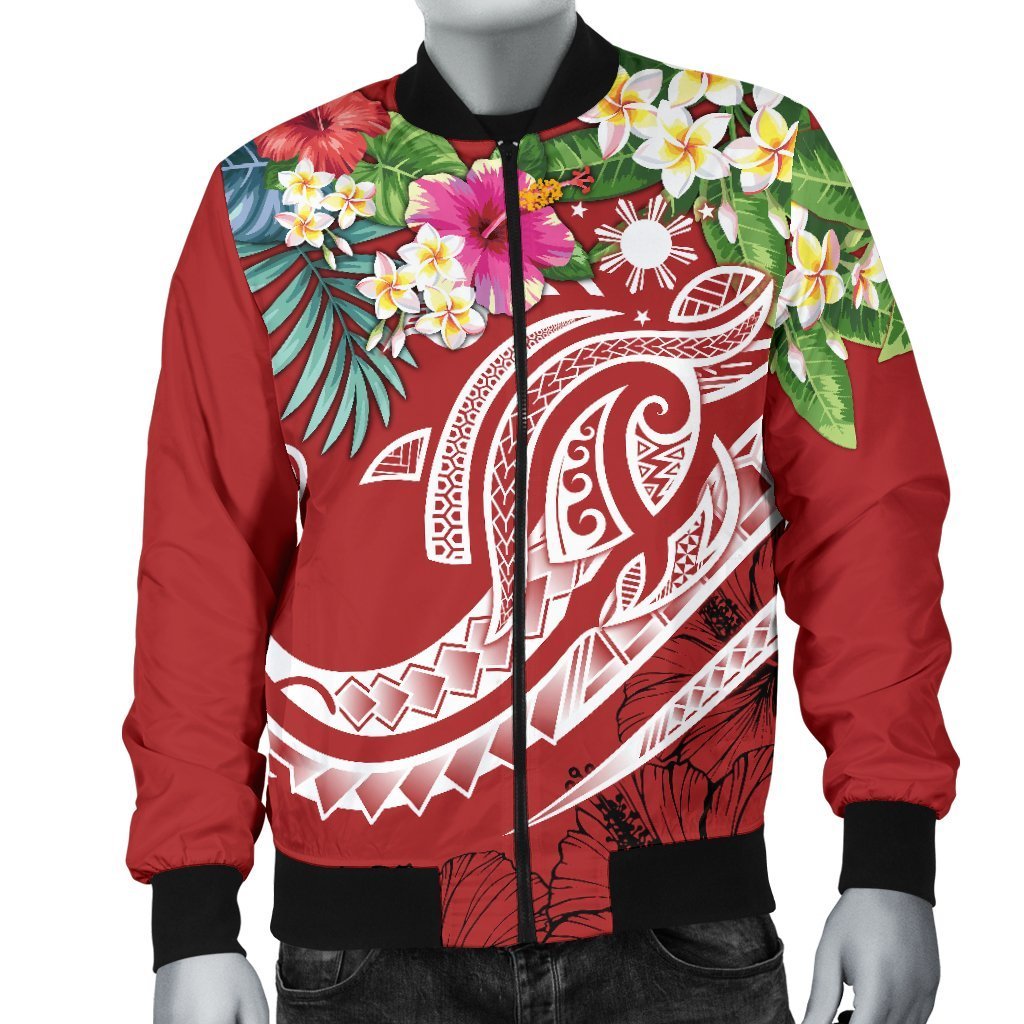The Philippines Men's Bomber Jacket - Summer Plumeria (Red) - Polynesian Pride