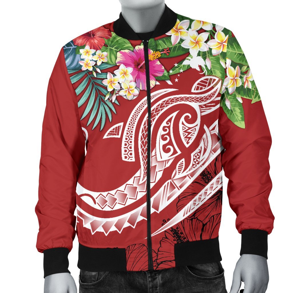 Papua New Guinea Polynesian Men's Bomber Jacket - Summer Plumeria (Red) - Polynesian Pride
