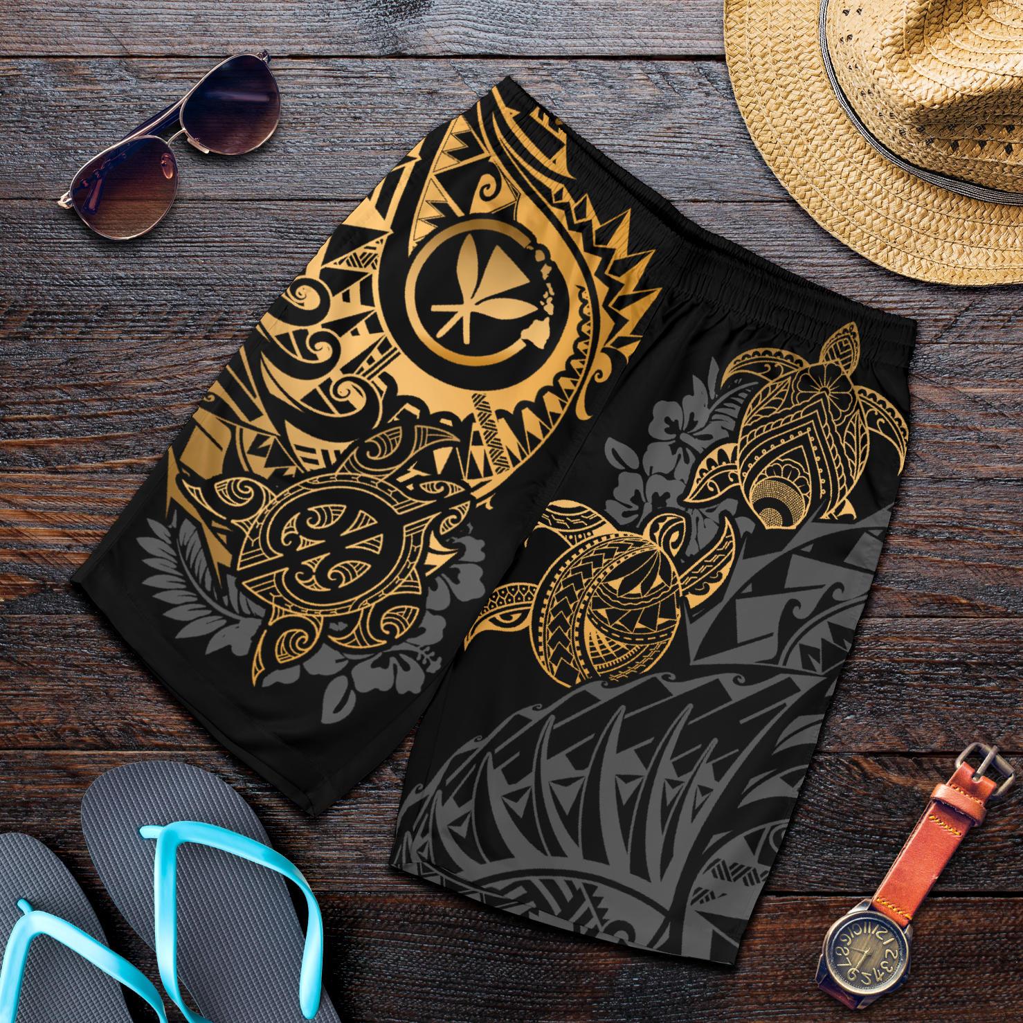 Polynesian Hawaii (Kanaka Maoli) Men's Short - Gold Turtle Hibiscus Flowing Gold - Polynesian Pride
