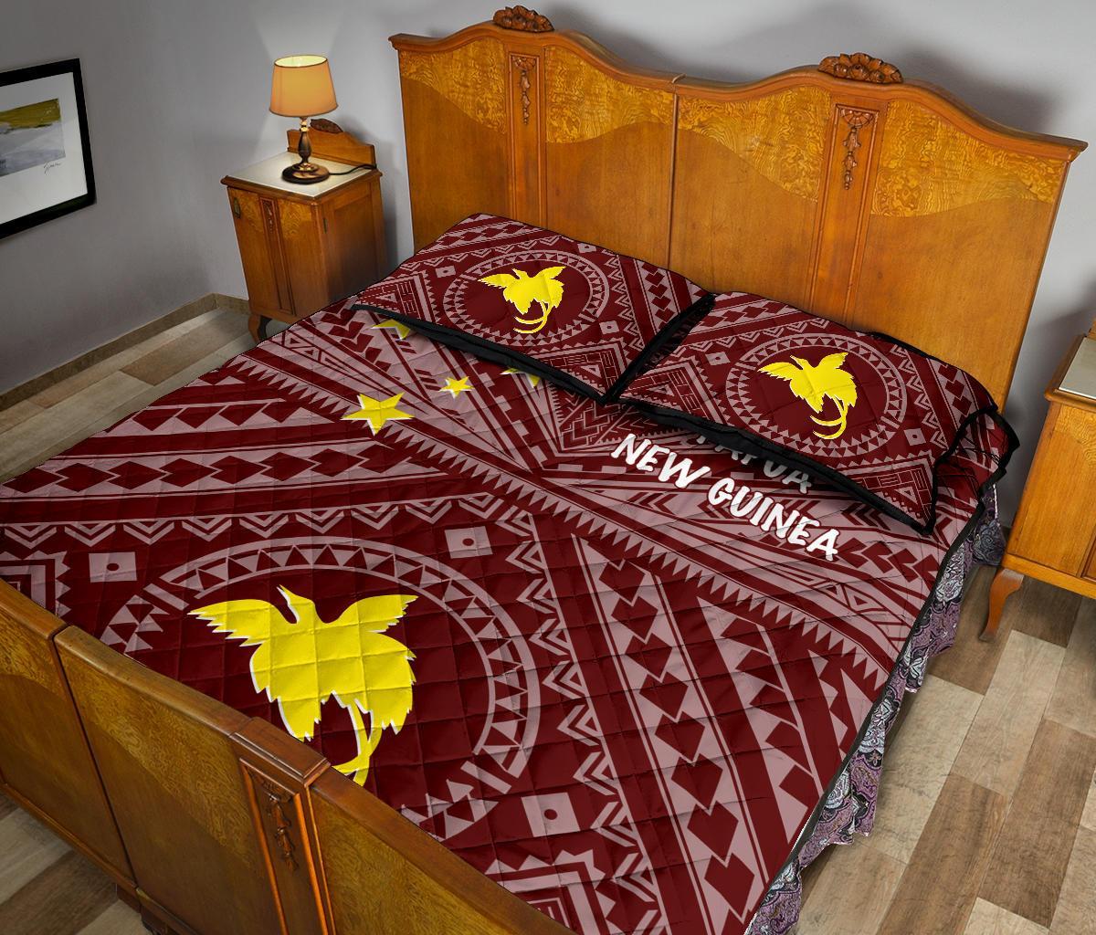 Papua New Guinea Quilt Bed Set - Flag With Polynesian Patterns (Red) - Polynesian Pride
