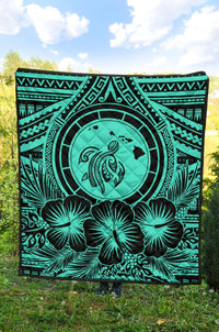 Hawaii Premium Quilt - Hawaii Map Honu Hibiscus Turquoise Polynesian Premium Quilt - Polynesian Pride