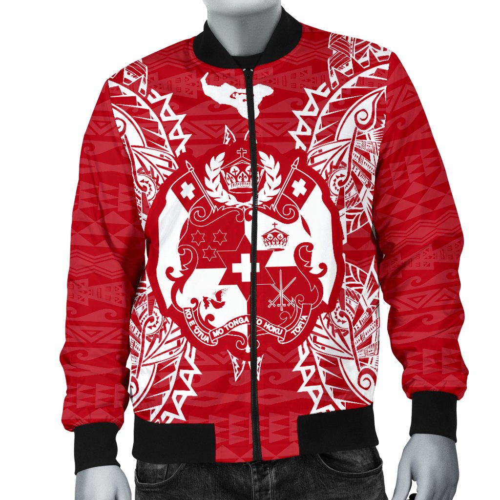Tonga Polynesian Men's Bomber Jacket Map Red White - Polynesian Pride