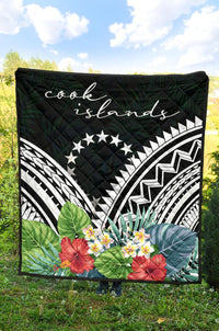 Cook Islands Premium Quilt - Cook Islands Coat of Arms & Polynesian Tropical Flowers White - Polynesian Pride