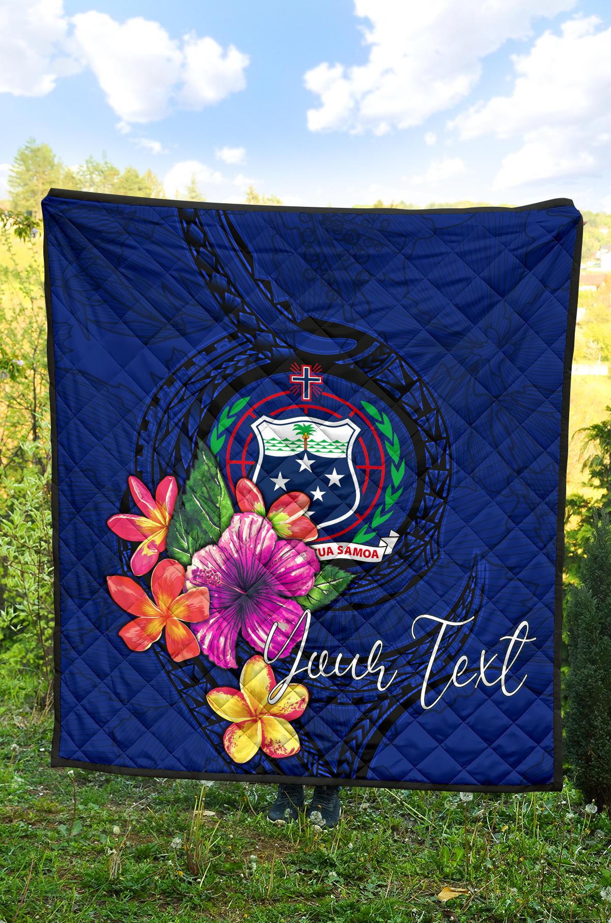 Samoa Polynesian Custom Personalised Premium Quilt - Floral With Seal Blue - Polynesian Pride