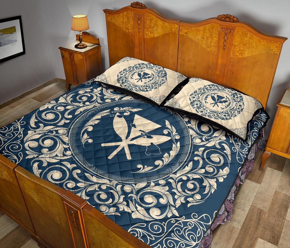 Hawaii Vintage Tribal Map Kanaka Quilt Bed Set - AH - Blue - Polynesian Pride