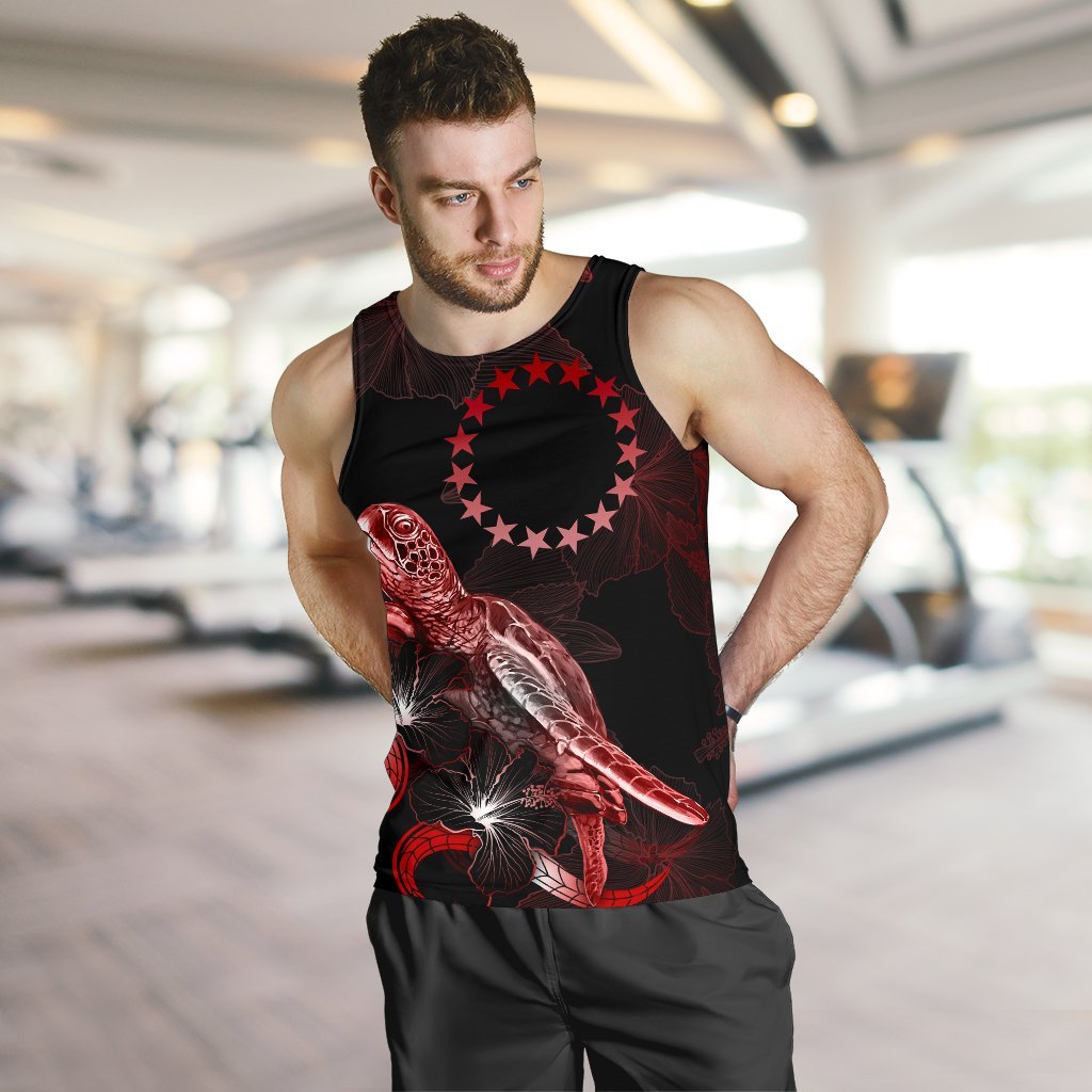Cook Islands Men Tank Top - Turtle With Blooming Hibiscus Red - Polynesian Pride