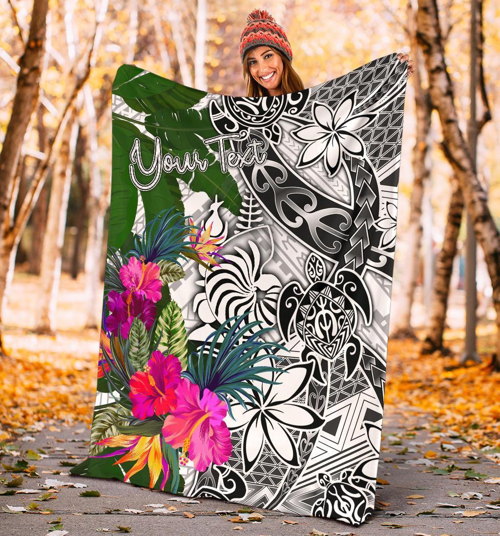 New Caledonia Custom Personalised Premium Blanket White - Turtle Plumeria Banana Leaf Crest - Polynesian Pride