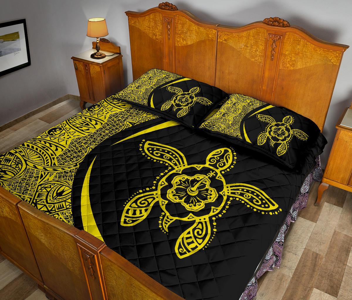 Hawaiian Polynesian Turtle Quilt Bed Set - Circle Style Yellow - Polynesian Pride