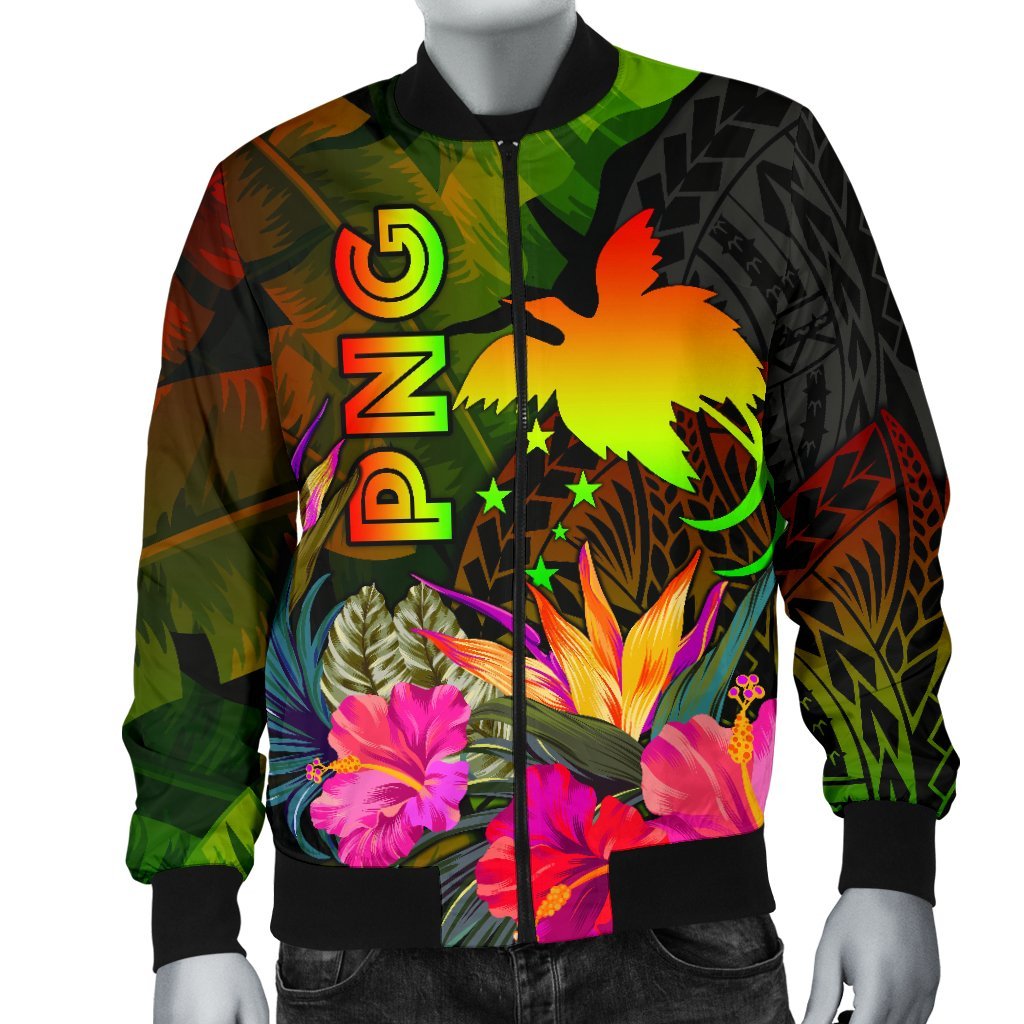 Papua New Guinea Polynesian Men's Bomber Jacket - Hibiscus and Banana Leaves - Polynesian Pride