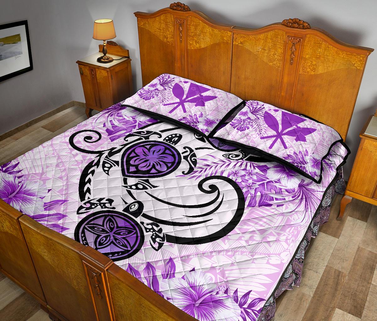 Hawaii Polynesian Plumeria Hibiscus Turtle Quilt Bed Set - AH - Jack Style - Pink - Polynesian Pride