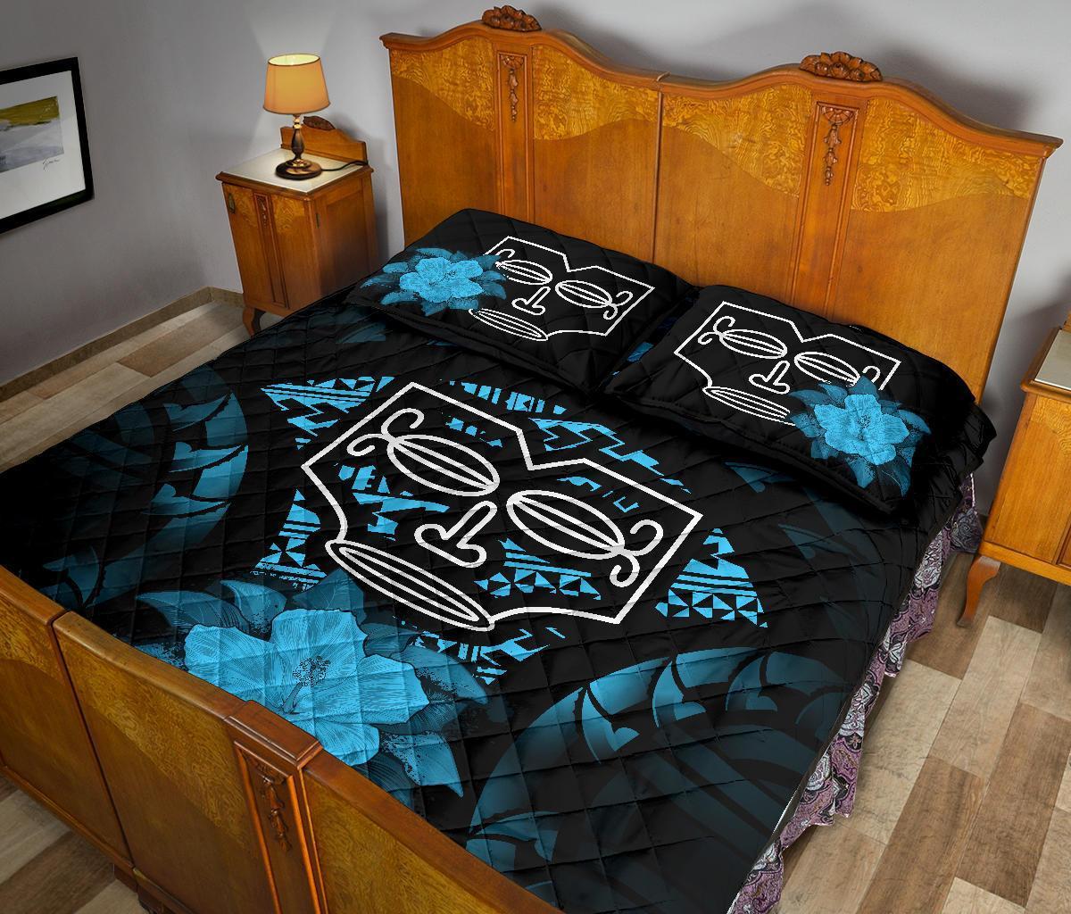 Marquesas Islands Polynesian Quilt Bed Set Hibiscus Blue - Polynesian Pride