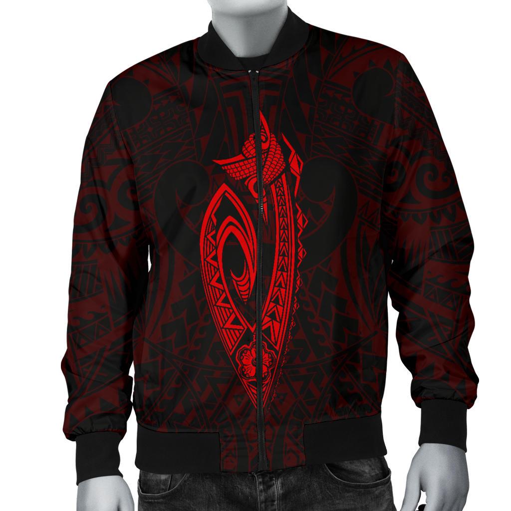 Hawaii Kakau Makau Fish Hook Kanaka Map Men's Bomber Jacket Polynesian - Red - Polynesian Pride