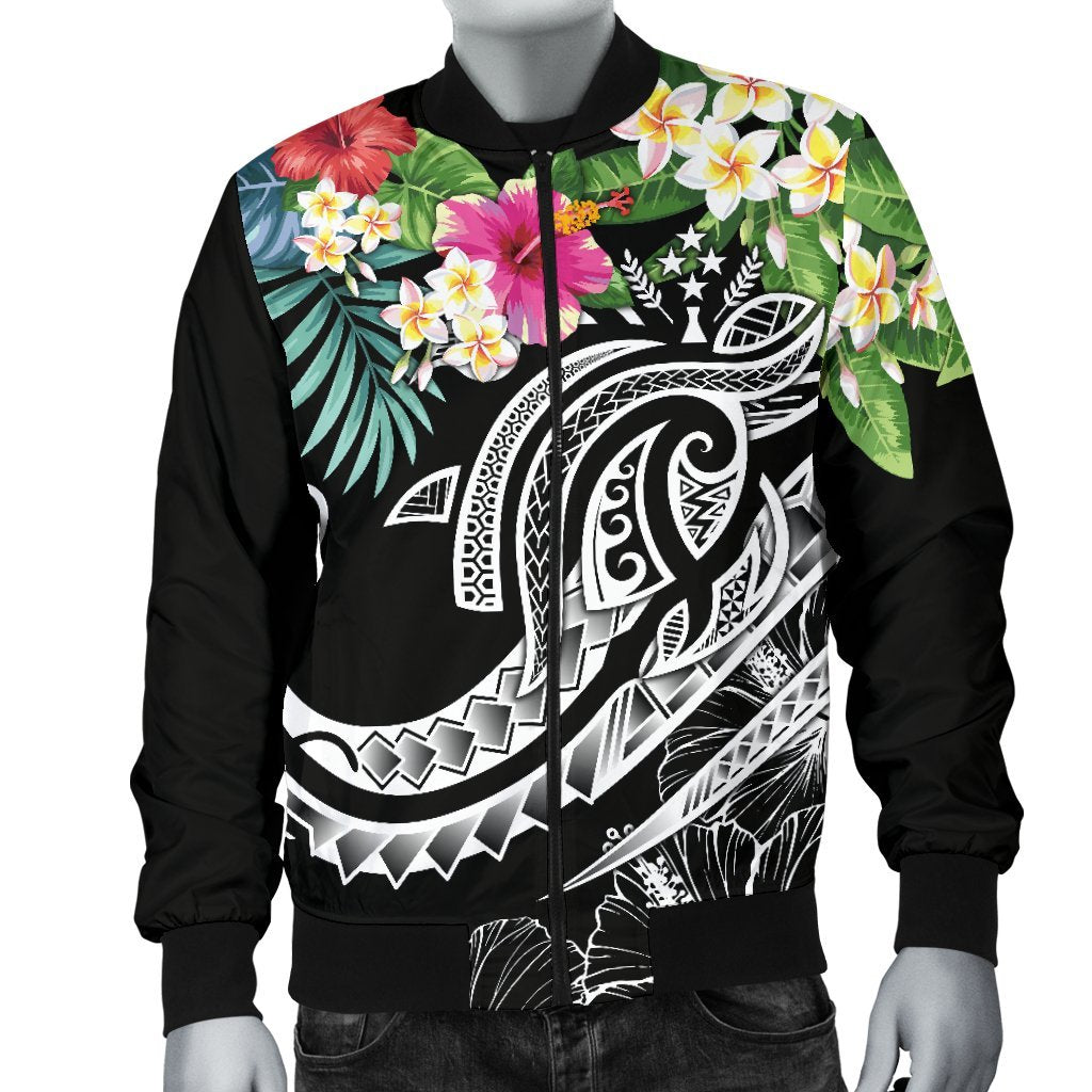 Kosrae Polynesian Men's Bomber Jacket - Summer Plumeria (Black) - Polynesian Pride