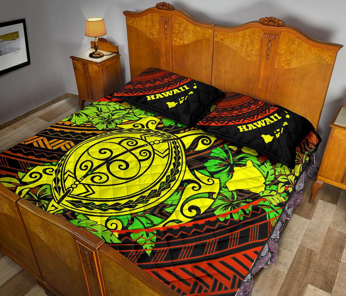 Hawaii Polynesian Quilt Bed Set - Hawaii Yellow Sea Turtle Map & Green Hibiscus - Polynesian Pride