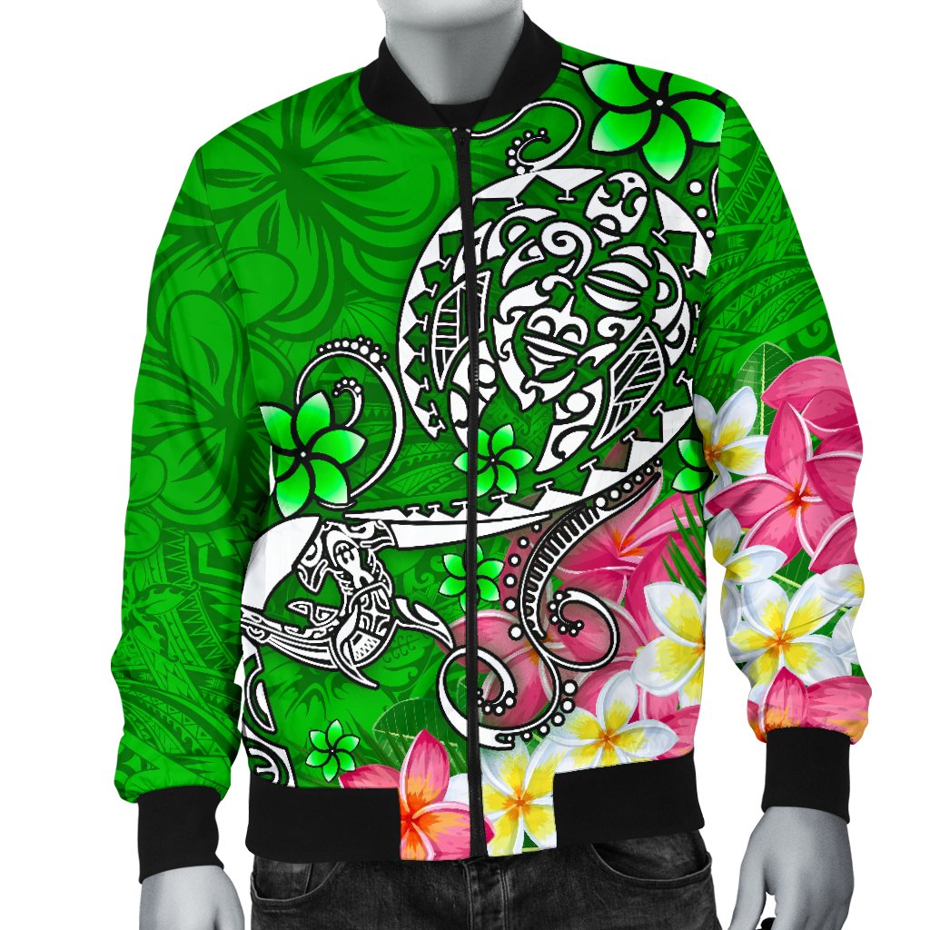 Polynesian Men's Bomber Jacket - Turtle Plumeria Green Color - Polynesian Pride