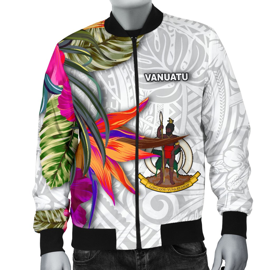 Vanuatu Men's Bomber Jacket Polynesian Hibiscus White Pattern - Polynesian Pride