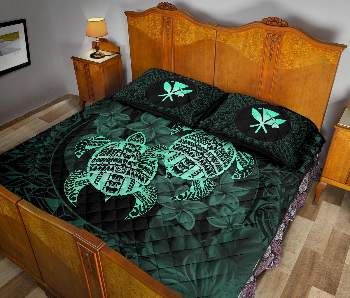 Hawaii Quilt Bed Set - Turtle Strong Pattern Hibiscus Plumeria Turquoise AH - Polynesian Pride
