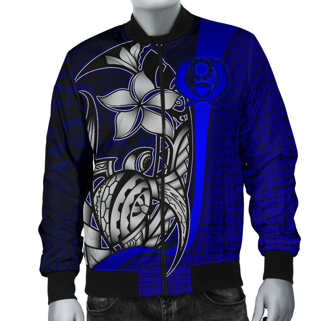 Pohnpei Micronesia Men's Bomber Jackets Blue - Turtle With Hook - Polynesian Pride