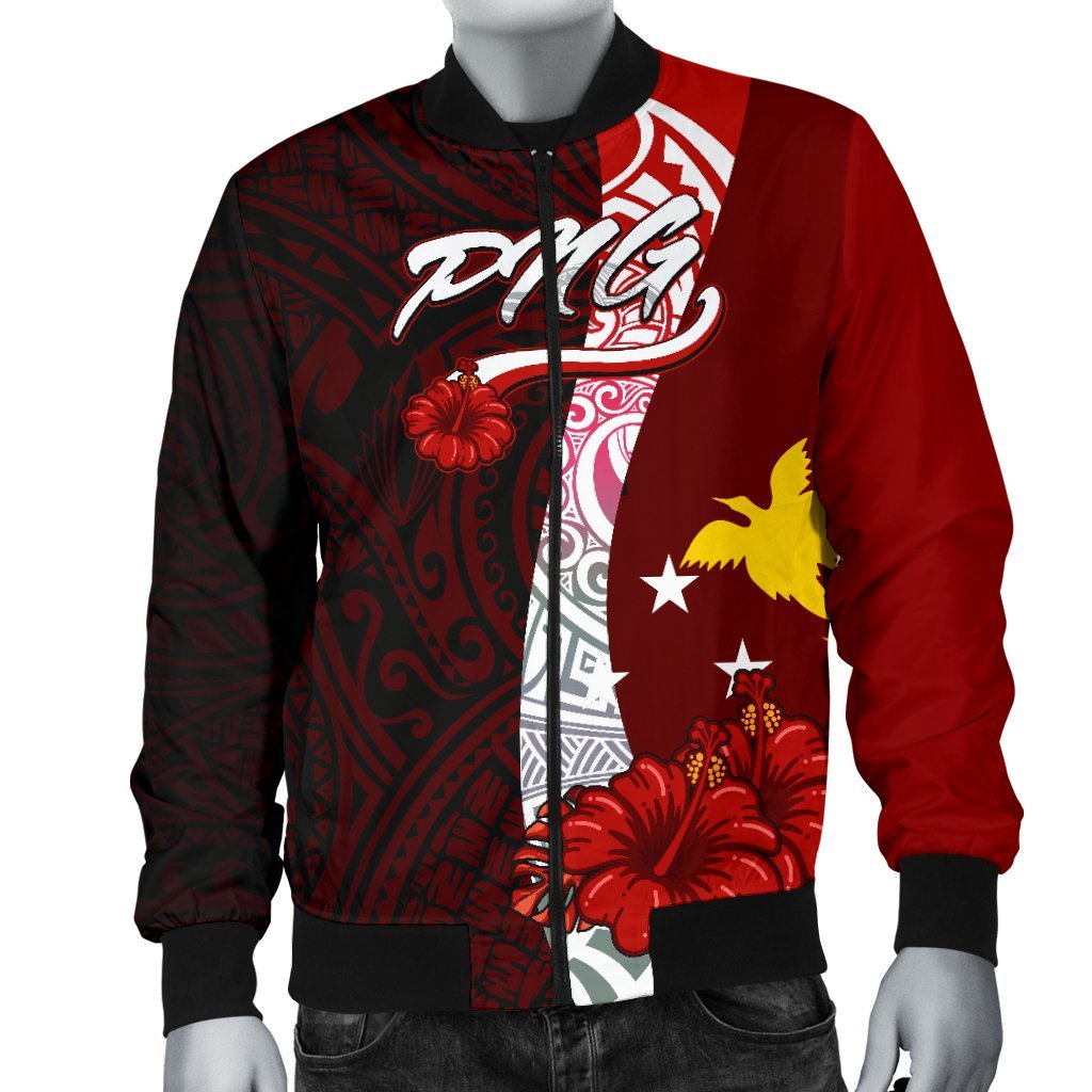 Papua New Guinea Polynesian Men's Bomber Jacket - Coat Of Arm With Hibiscus - Polynesian Pride