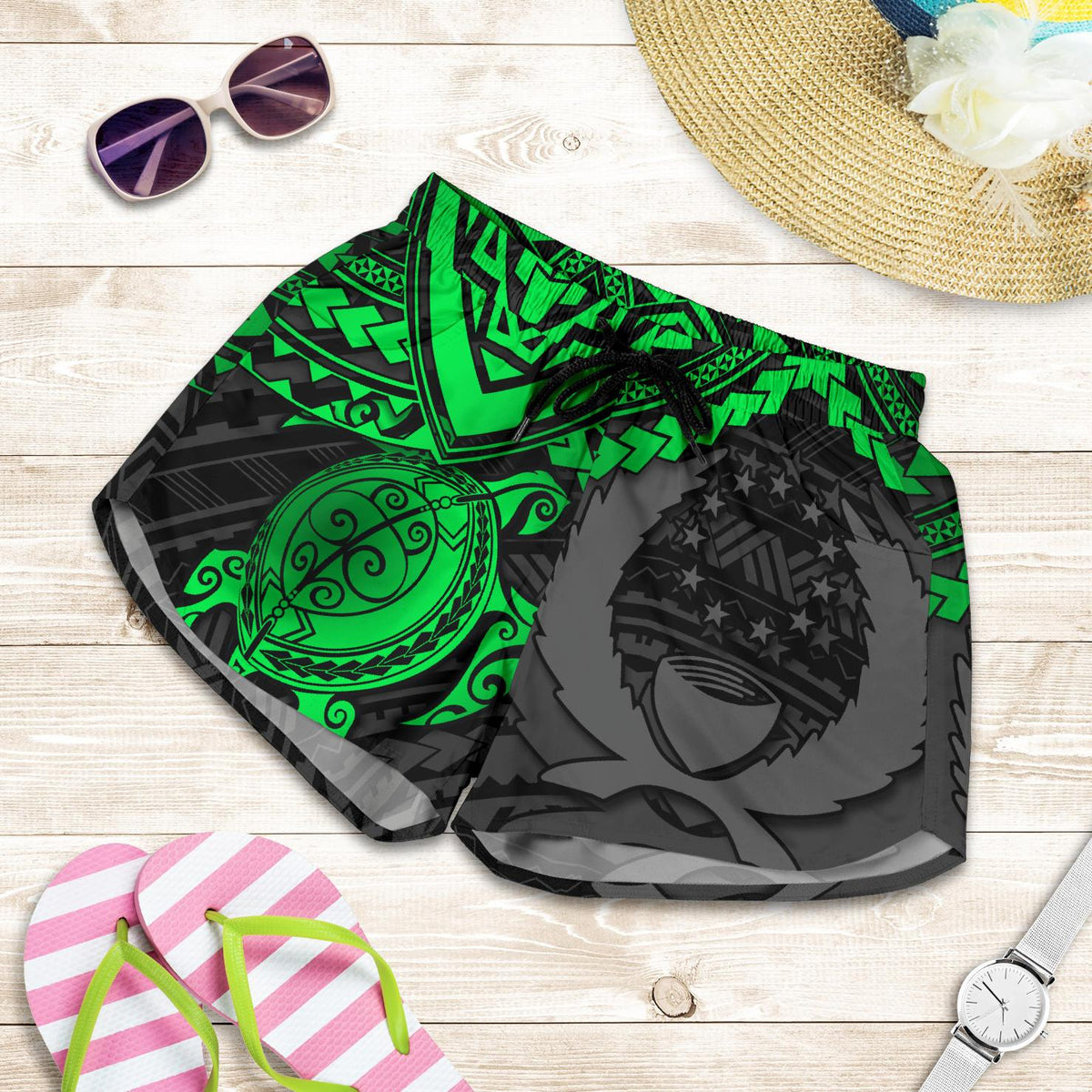 Pohnpei Polynesian Shorts (Women) - Polynesian Green Turtle - Polynesian Pride